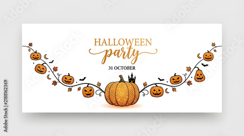 Halloween party flyer with pumpkin garland decoration and central jack o lantern on white background