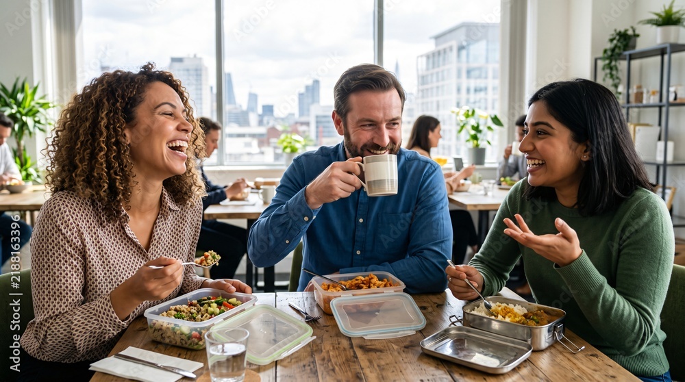 Obraz premium Three Colleagues Eating Lunch Office Break Room Relaxed Smiles Food Containers Laughing Fork Mug Gesturing Window City View Macro Workplace Friendship