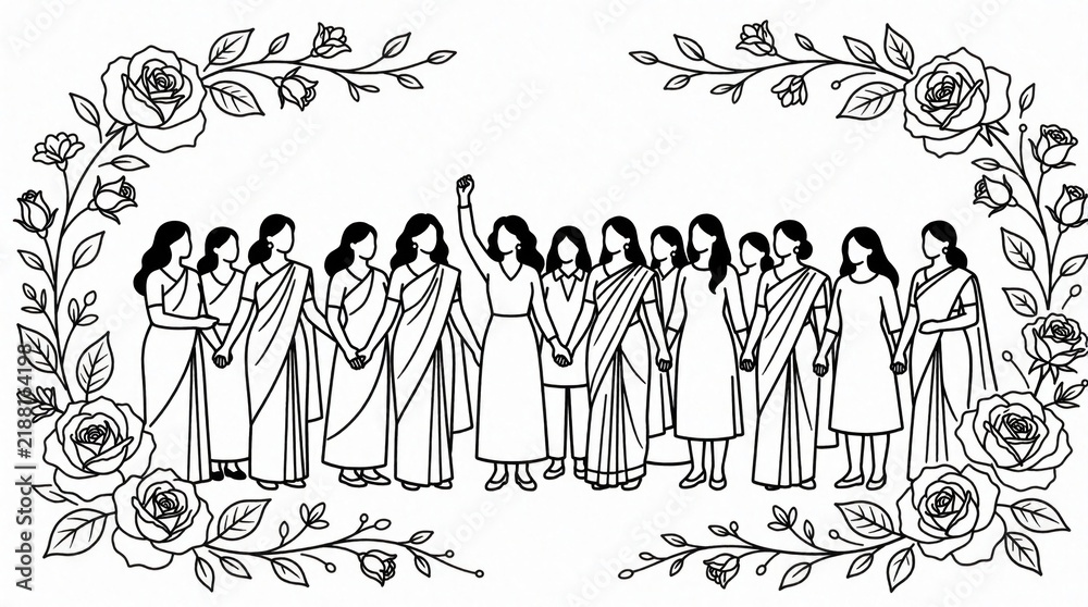 Fototapeta premium Diverse women stand united holding hands, empowered by floral art. Celebration of sisterhood and female strength in line graphics. Unity theme for empowerment and equality.