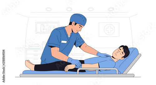 Doctor Examines Patient Lying on Medical Stretcher in Clinic