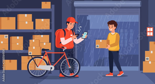Delivery driver with bicycle in rain handing package to customer