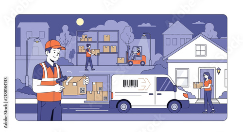 Delivery man with scanner, courier van, and logistics in cityscape