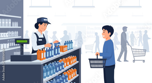 Customer buying groceries at checkout in supermarket with cashier