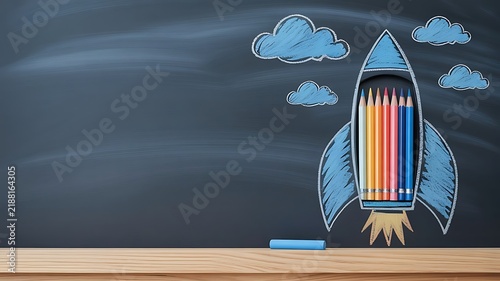 Rocket on a blackboard filled with colorful pencils with chalk clouds and wooden table surface for educational and creative projects