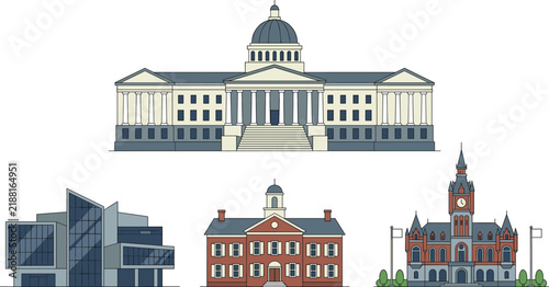 Government and public building vector set featuring capitol government house museum school library and modern university architecture facade