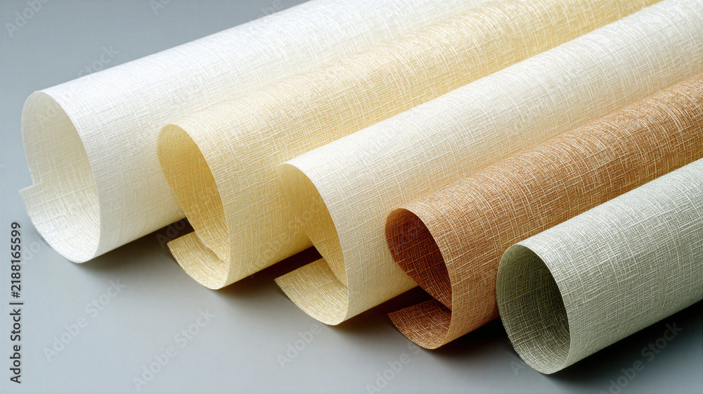 Fototapeta premium Textured wallpaper rolls in neutral colors with soft lighting and smooth curves