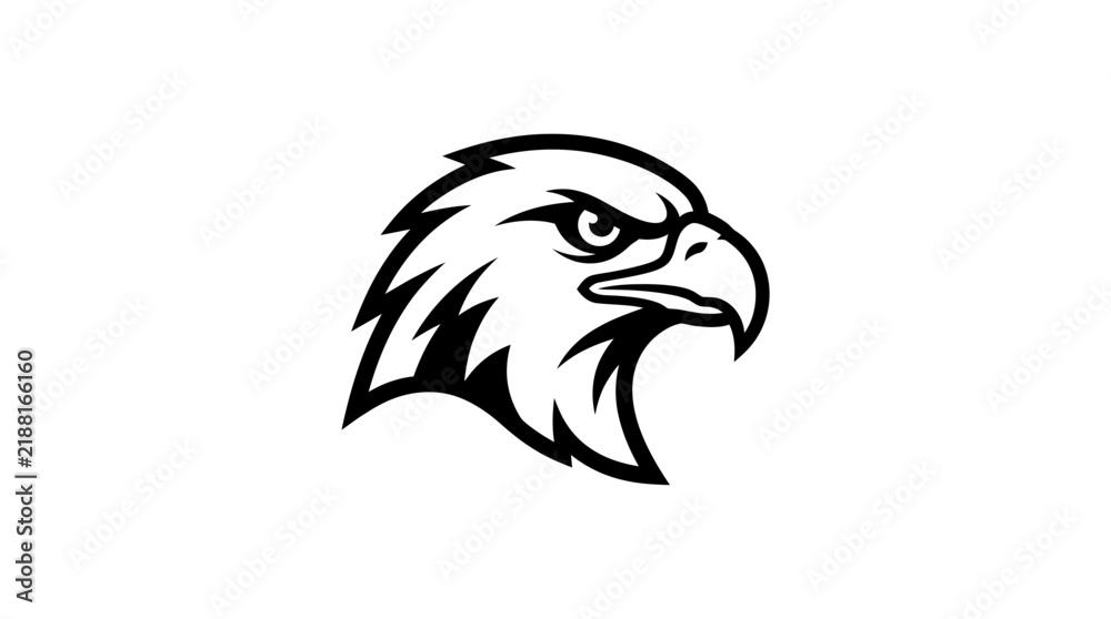 Fototapeta premium Black and white illustration of an eagle's head in profile, featuring a fierce expression and sharp details, suitable for a logo or mascot.