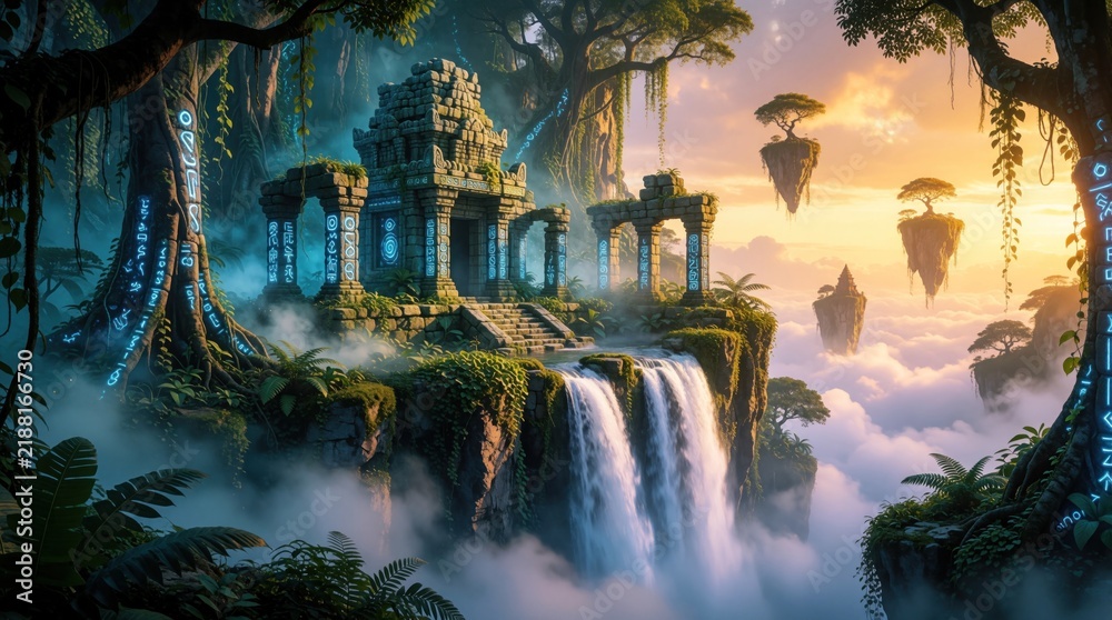 Obraz premium Ancient jungle temple ruins with glowing blue runes stand on cliff. Tropical waterfall flows into misty clouds below. Floating islands with trees hover in sunset sky. Mystical fantasy landscape