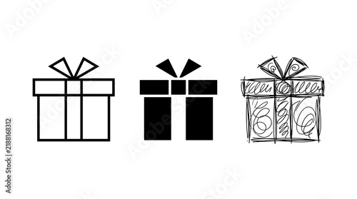 Gift box icon set in outline, solid and sketch style
