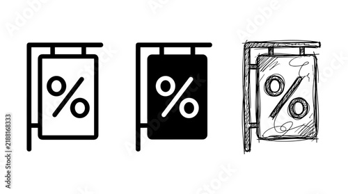 Percentage sign on street sign icon set in different styles
