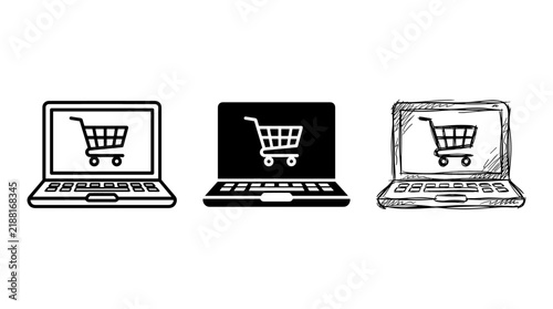 Online shopping laptop icons in outline solid and sketch styles