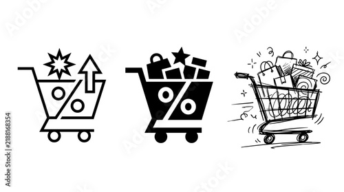 Shopping cart icons set with outline, solid and sketch styles
