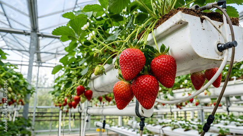 Fresh ripe strawberries growing in hydroponic system inside green house with dewdrops on leaves.
