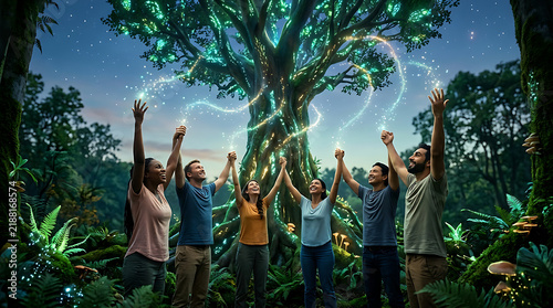 Diverse group of enthusiastic people standing together while holding hands under glowing vibrant bioluminescent branches