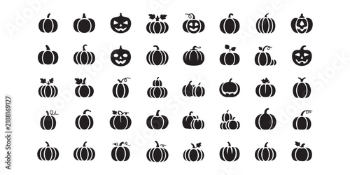 Spooky Halloween Pumpkin Silhouette Icons Featuring Various Jack O Lantern Faces, festive autumn holiday symbols Vector Design and Illustration
