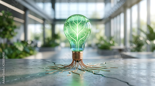 Glowing green light bulb featuring intricate digital circuitry inside with metallic copper wires reaching outward