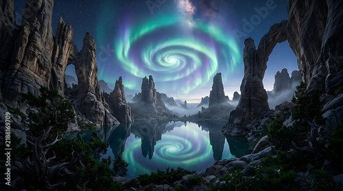 Swirling aurora borealis illuminates the dark night sky above jagged rocky mountain peaks and reflective water