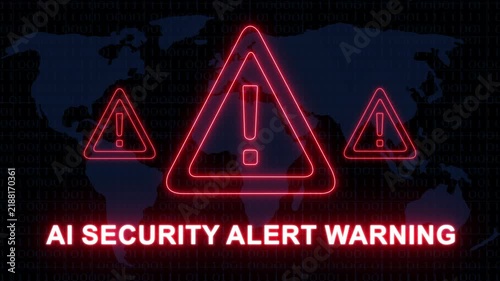 Ai security alert warning motion featuring glowing red neon danger triangles and digital map background, for cybersecurity, artificial, intelligence risk, data, breach, and global, network threats