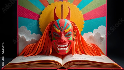 3D paper cut art pop-up book diorama of Phi Ta Khon ghost mask festival Dan Sai Loei Thailand with retro pop art background