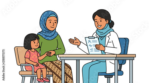 Muslim Mother and Child Visiting a Doctor for Medical Consultation