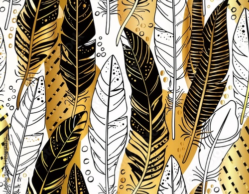 Illustration background. Various feather shapes outlined in black, arranged closely next to each other in different directions, with the gaps filled with gold and white. With stripes and circles.