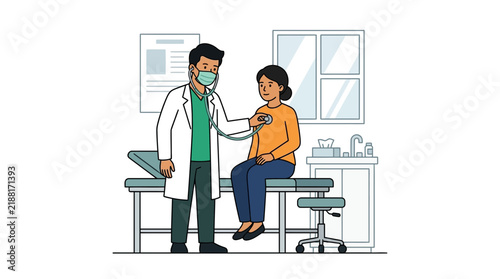 Doctor checking patient with stethoscope in modern medical clinic