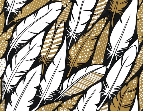 Illustration background. Various feather shapes outlined in black, arranged closely next to each other in different directions, with the gaps filled with gold and white. With stripes and circles.