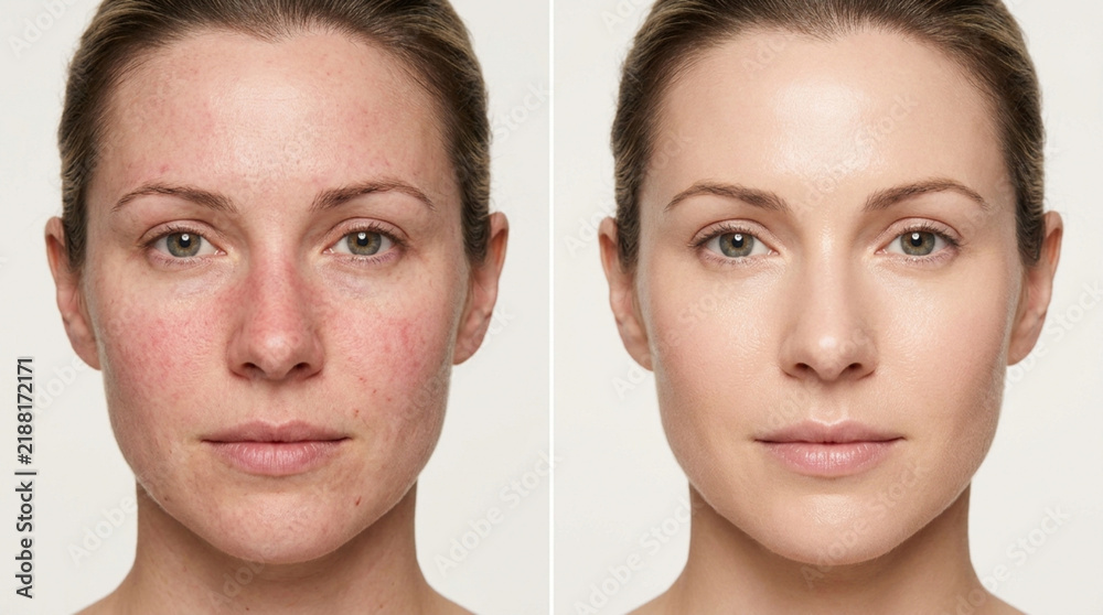 Obraz premium Before and After Skin Treatment: Rosacea Improvement & Makeup Application