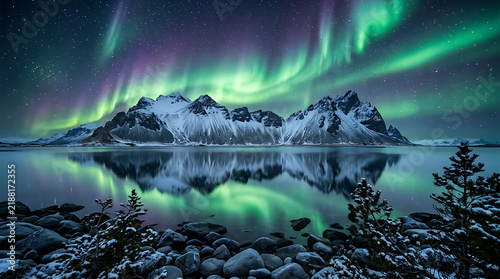 Majestic snow covered jagged mountain peaks reflect brilliantly under vibrant shimmering green and purple aurora lights