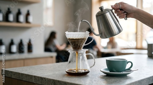 Hand pouring hot water into a coffee dripper for fresh brew with coffee brewing