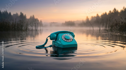 Vintage turquoise rotary telephone resting partially submerged within calm ripples under a warm golden hour sky