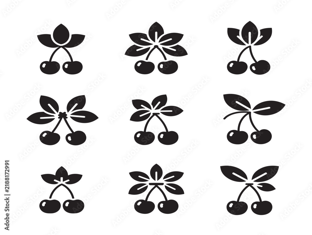 Obraz premium Black cherry silhouette icon set, fruit vector collection with leaves for food design