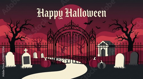 Happy halloween greeting with a spooky graveyard scene and iron gate