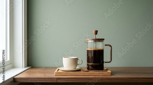 Freshly brewed coffee in a glass french press with a ceramic mug on a wooden