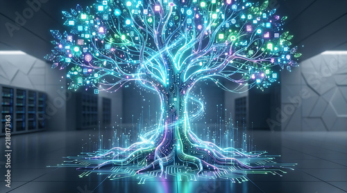 Digital glowing tree composed of intricate circuit board patterns with neon blue and purple light effects