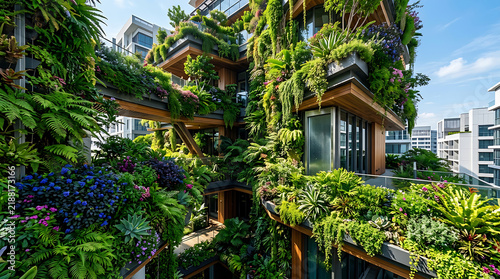 Modern residential apartment building featuring vibrant vertical gardens with lush green foliage and exotic tropical plants