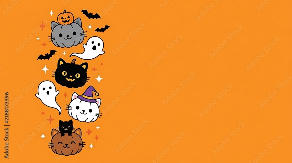 Fototapeta premium Cute pumpkin cats with ghosts and bats in a flat vector style on orange background