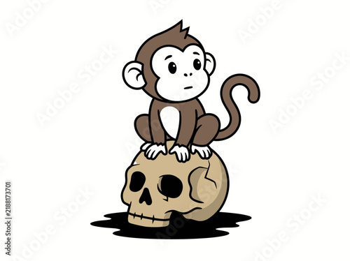 Photography Cute Monkey Sitting on Human Skull Vector Illustration - Life and Death Concept