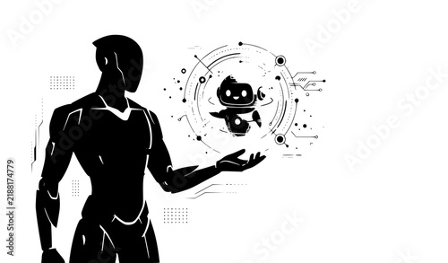 Futuristic humanoid robot with cute holographic AI companion vector concept