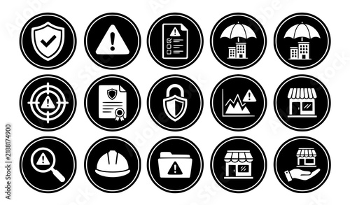 Corporate risk control security and insurance white icon collection vector