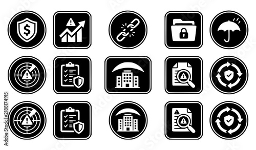 Risk management and business protection white icon set vector