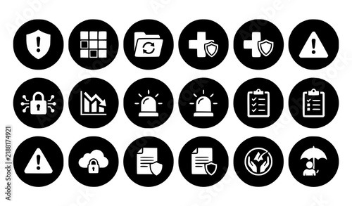 Risk assessment safety security and emergency management white icon set vector