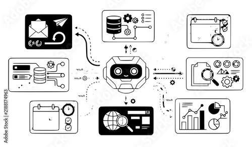 AI agent task orchestration and automated workflow technology vector illustration