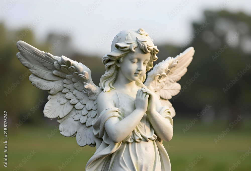 Fototapeta premium Spirituality and peace, stone angel statue praying in a cemetery garden with soft morning light for memorial and funeral services or religious themes