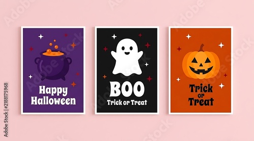 Three decorative halloween posters featuring a cute ghost cauldron and orange pumpkin on pink background surface