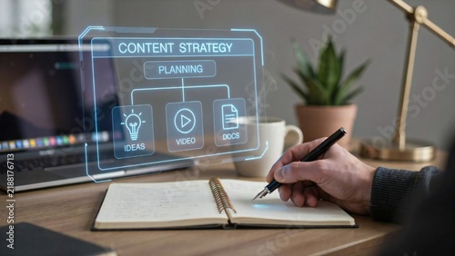 Content strategy concept on holographic laptop screen
