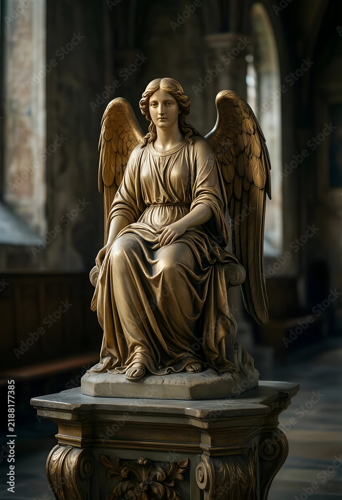 Fototapeta premium Spirituality and faith concept, golden angel statue sitting in a historic church interior with soft light and religious atmosphere for meditation