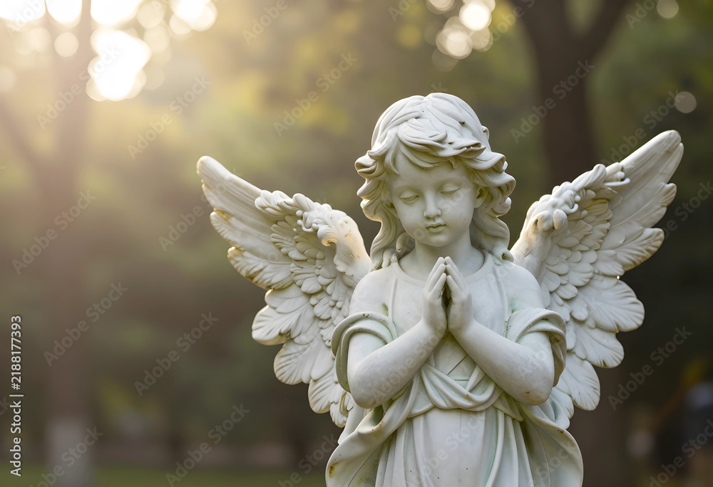 Fototapeta premium Spirituality and mourning, stone angel statue praying in a peaceful cemetery at sunset with soft golden light for funeral and memorial services
