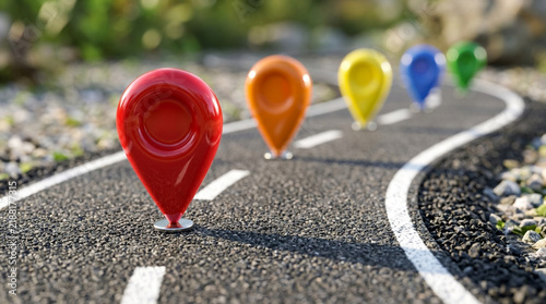 Colorful GPS Map Pins on Winding Road - Navigation Concept