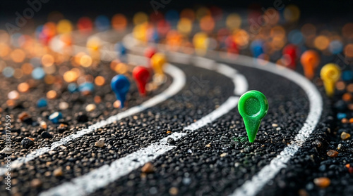 Colorful location pins on a miniature race track, symbolizing strategy and journey